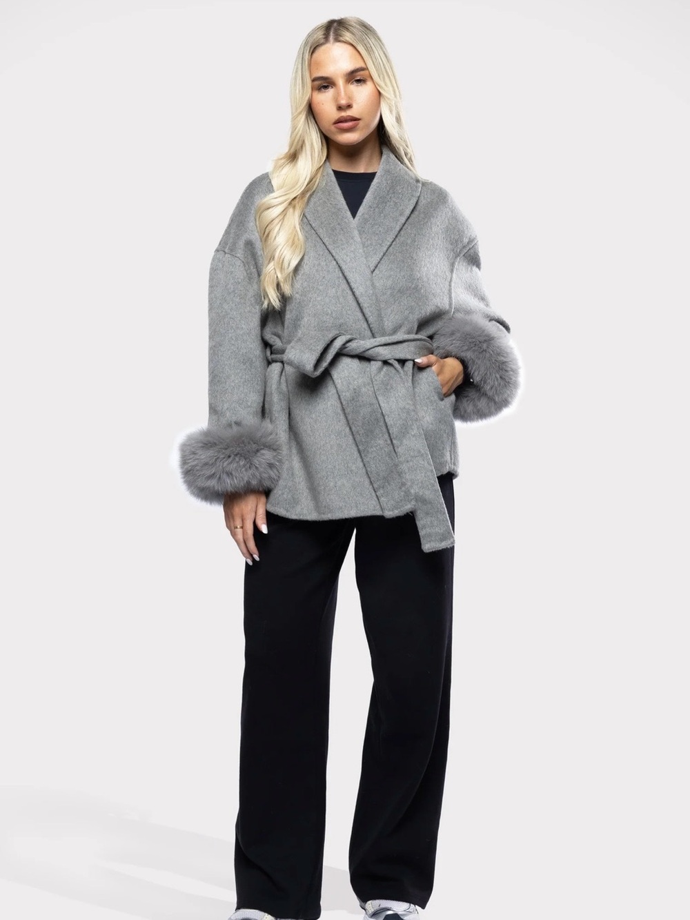 Wool Gray REAL -Fur Trim Wrap Coat with Belt ๐ค๐๐ - Picture 1 of 16